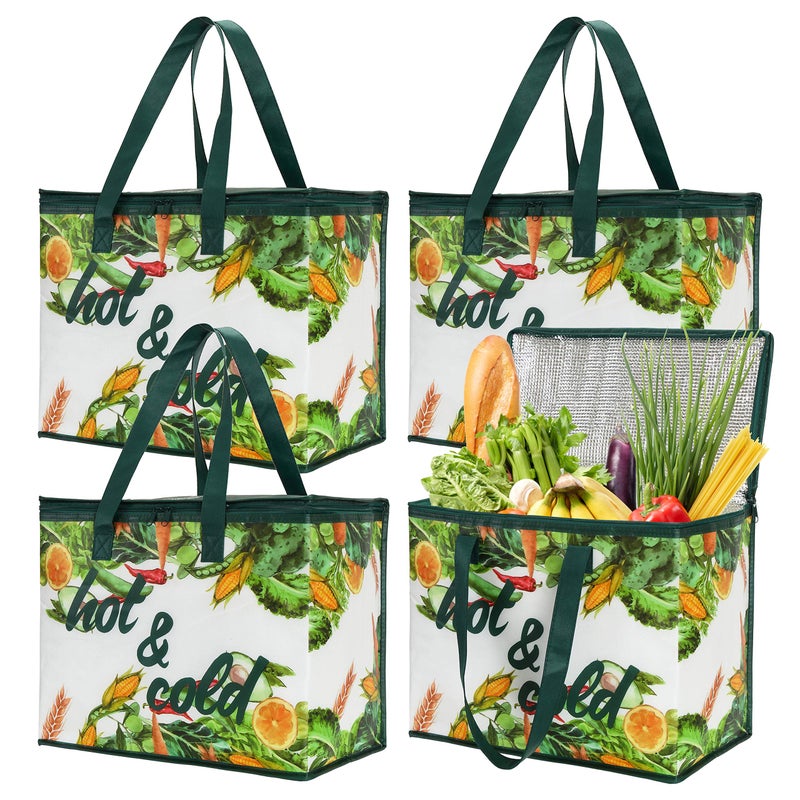 Bekith 4 Pack Insulated Reusable Grocery Bag, Large Shopping Tote with Zippered Top for Hot and Cold Food Transport, Wine Tote, Drinks Carrier, Stands Upright, Collapsible - Image 1